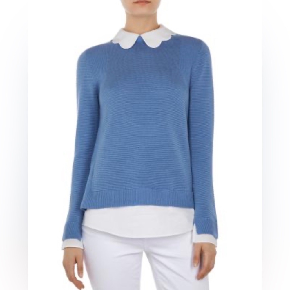 Ted Baker Bronwen Blue Layered Sweater Scalloped Collar Wool Silk Size 0